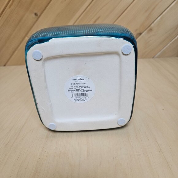 Vintage 2012 Textured Square Ceramic Vase By Threshold Shades of Cerulean - Picture 5 of 6